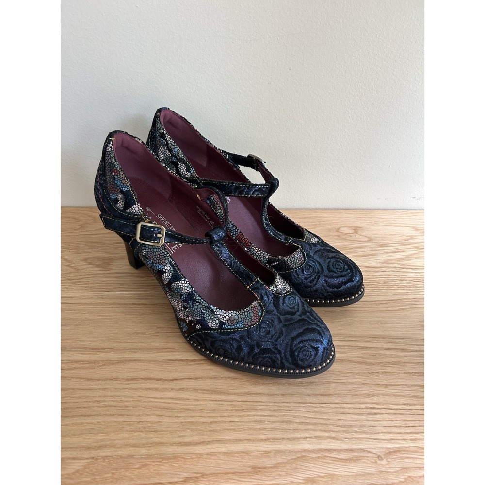 Women's Black Floral T-Strap Heels with Metallic Accents